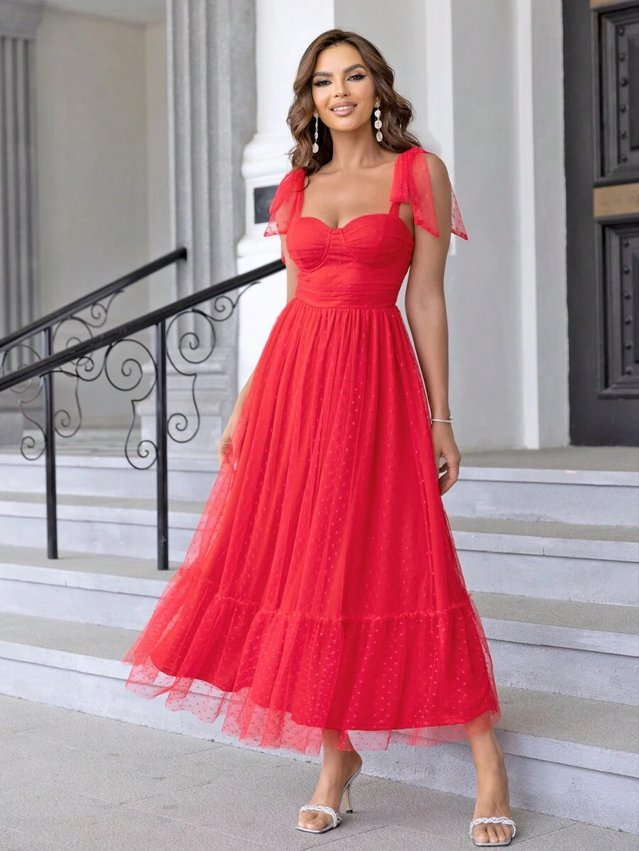 Joyfunear Women's Elegant Solid Color Lace-Up Spaghetti Strap Mesh Dress, Celebratory & Vibrant Summer - Red - View 1