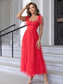 Joyfunear Women's Elegant Solid Color Lace-Up Spaghetti Strap Mesh Dress, Celebratory & Vibrant Summer - Red - View 5