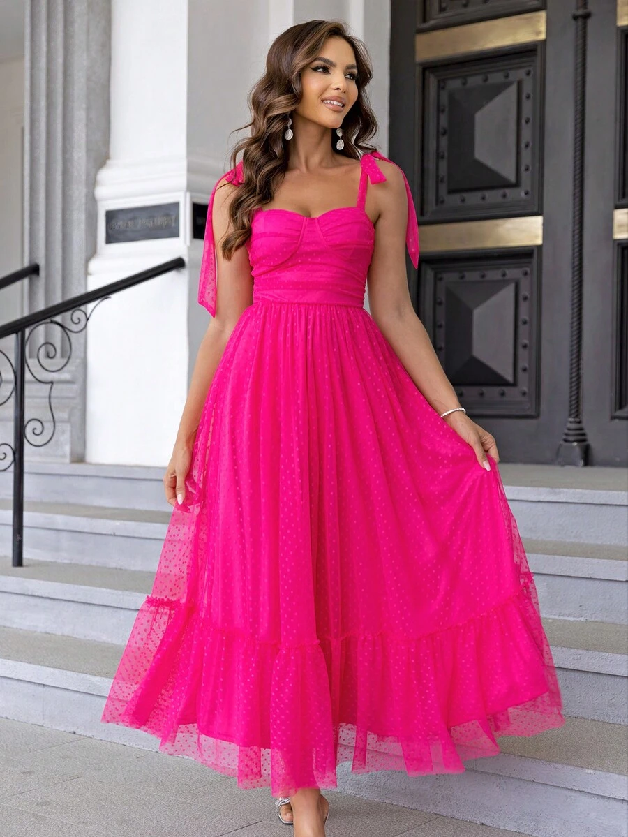 Joyfunear Vestido de tirantes de hombros con cordón pecho con fruncido bajo con fruncido con malla - Rosa Fucsia - Ver 1