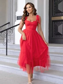 Joyfunear Women's Elegant Solid Color Lace-Up Spaghetti Strap Mesh Dress, Celebratory & Vibrant Summer - Red - View 6