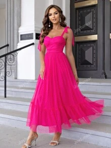 Joyfunear Tie Shoulder Ruched Bust Ruffle Hem Mesh Overlay Cami Dress
