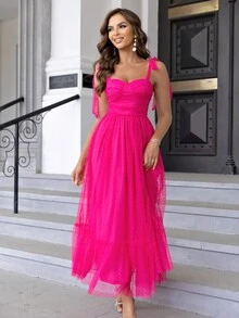 Joyfunear Vestido de tirantes de hombros con cordón pecho con fruncido bajo con fruncido con malla - Rosa Fucsia - Ver 5