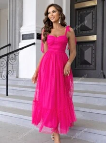 Joyfunear Tie Shoulder Ruched Bust Ruffle Hem Mesh Overlay Cami Dress