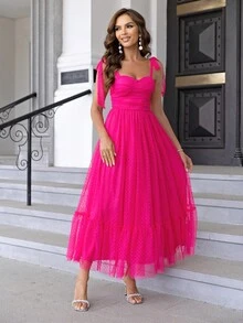 Joyfunear Vestido de tirantes de hombros con cordón pecho con fruncido bajo con fruncido con malla - Rosa Fucsia - Ver 6