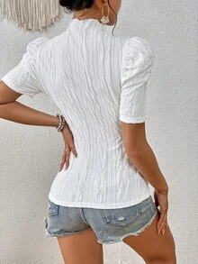 SHEIN VCAY Mock Neck Puff Sleeve Tee - White - View 2