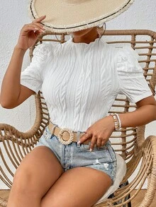 SHEIN VCAY Mock Neck Puff Sleeve Tee - White - View 3