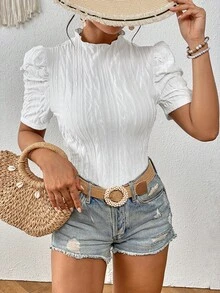 SHEIN VCAY Mock Neck Puff Sleeve Tee - White - View 5