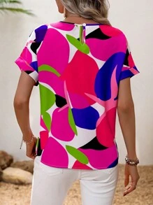 SHEIN Clasi Allover Print Batwing Sleeve Blouse,Short Sleeve Tops - Hot Pink - View 2