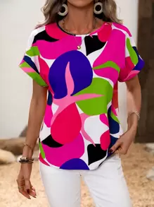 SHEIN Clasi Allover Print Batwing Sleeve Blouse,Short Sleeve Tops - Hot Pink - View 3