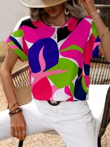 SHEIN Clasi Allover Print Batwing Sleeve Blouse,Short Sleeve Tops - Hot Pink - View 5