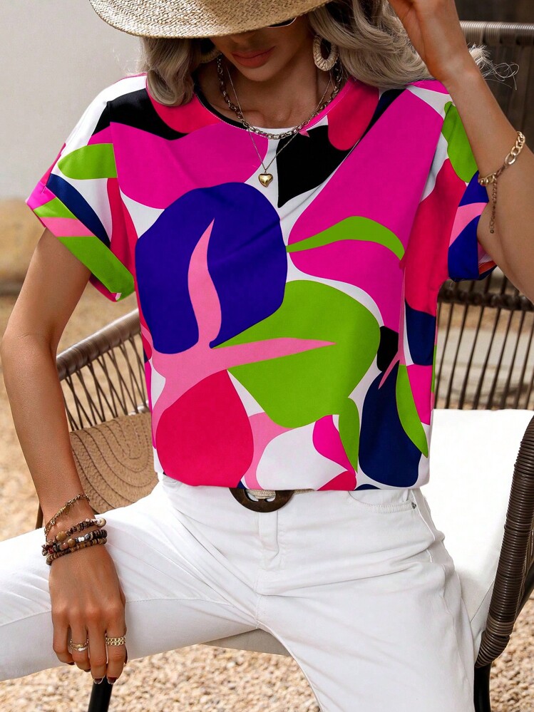 SHEIN Clasi 全身印花蝙蝠袖衬衫、短袖上衣 - 玫紅色 - 查看 5