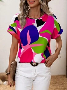 SHEIN Clasi Allover Print Batwing Sleeve Blouse,Short Sleeve Tops - Hot Pink - View 6