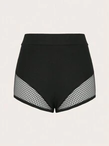 SHEIN ICON Black Solid Fishnet Insert Sexy Elastic Waist Shorts - Black - View 2