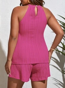 SHEIN VCAY Plus Solid Halter Neck Blouse & Shorts - Hot Pink - View 2