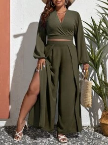 SHEIN VCAY Hơn Tay áo lồng đèn Top Cây trồng & Tách đùi Quần - xanh quân đội - Xem 1