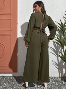 SHEIN VCAY Hơn Tay áo lồng đèn Top Cây trồng & Tách đùi Quần - xanh quân đội - Xem 2