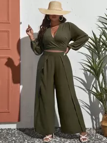 SHEIN VCAY Hơn Tay áo lồng đèn Top Cây trồng & Tách đùi Quần - xanh quân đội - Xem 3