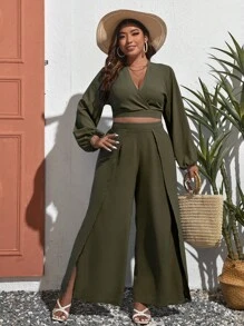 SHEIN VCAY Hơn Tay áo lồng đèn Top Cây trồng & Tách đùi Quần - xanh quân đội - Xem 4