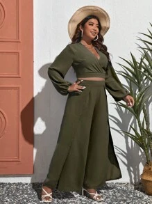 SHEIN VCAY Hơn Tay áo lồng đèn Top Cây trồng & Tách đùi Quần - xanh quân đội - Xem 6