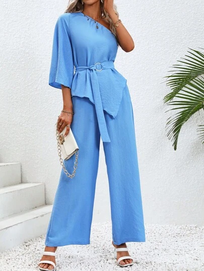 SHEIN Essnce 單肩不對稱下擺腰帶上衣和闊腿褲