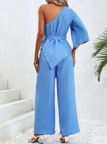 SHEIN Essnce 單肩不對稱下擺腰帶上衣和闊腿褲 - 藍色 - 查看 2