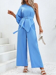 SHEIN Essnce 單肩不對稱下擺腰帶上衣和闊腿褲 - 藍色 - 查看 3