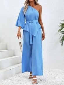 SHEIN Essnce 單肩不對稱下擺腰帶上衣和闊腿褲 - 藍色 - 查看 4