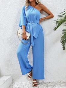 SHEIN Essnce 單肩不對稱下擺腰帶上衣和闊腿褲 - 藍色 - 查看 6