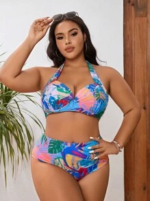 SHEIN Swim Curve 大尺碼熱帶印花增壓比基尼套裝夏日沙灘 - 彩色 - 查看 1