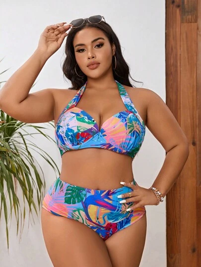 SHEIN Swim Curve 大尺碼熱帶印花增壓比基尼套裝夏日沙灘