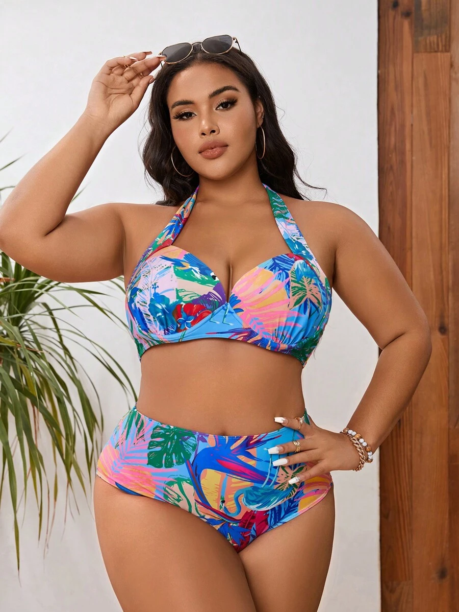 SHEIN Swim Curve 大尺碼熱帶印花增壓比基尼套裝夏日沙灘 - 彩色 - 查看 1