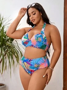 SHEIN Swim Curve 大尺碼熱帶印花增壓比基尼套裝夏日沙灘 - 彩色 - 查看 3
