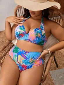 SHEIN Swim Curve 大尺碼熱帶印花增壓比基尼套裝夏日沙灘 - 彩色 - 查看 5