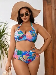 SHEIN Swim Curve 大尺碼熱帶印花增壓比基尼套裝夏日沙灘 - 彩色 - 查看 6