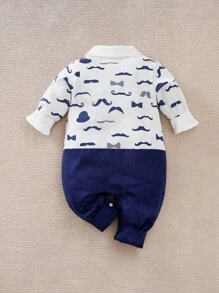 Yierying Bebé Mono bigote con estampado con lazo delantero 2 en 1 - Azul Marino - Ver 2