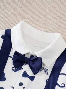 Yierying Bebé Mono bigote con estampado con lazo delantero 2 en 1 - Azul Marino - Ver 3