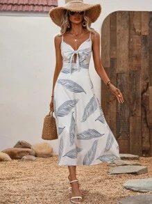 SHEIN VCAY Đầm Cắt ra Thắt nút Thắt nơ trước Nhiệt đới Boho - trắng - Xem 6