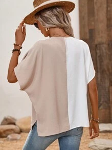 SHEIN LUNE Blusa de dos tonos de manga murciélago con diseño de aro O