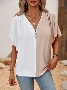 SHEIN LUNE Blusa de dos tonos de manga murciélago con diseño de aro O