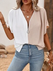 SHEIN LUNE Blusa de dos tonos de manga murciélago con diseño de aro O
