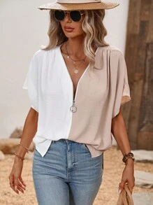 SHEIN LUNE Blusa de dos tonos de manga murciélago con diseño de aro O