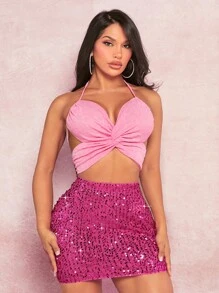 SHEIN SXY Áo khoác và áo lót dành cho xe tăng nữ Lộ Lưng Buộc lại xoắn lại màu trơn Gợi cảm - Hồng - Xem 1