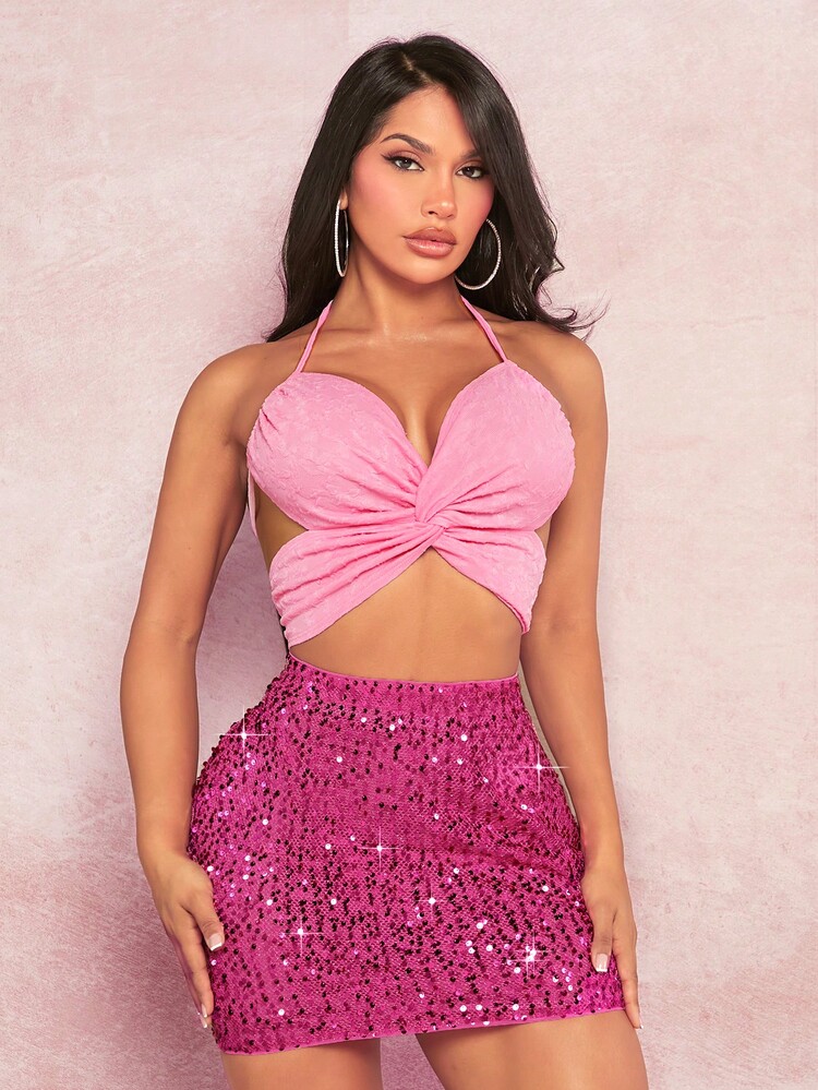 SHEIN SXY Áo khoác và áo lót dành cho xe tăng nữ Lộ Lưng Buộc lại xoắn lại màu trơn Gợi cảm - Hồng - Xem 1