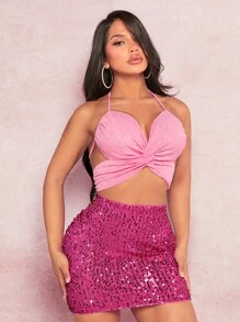SHEIN SXY Áo khoác và áo lót dành cho xe tăng nữ Lộ Lưng Buộc lại xoắn lại màu trơn Gợi cảm - Hồng - Xem 3