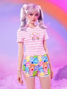 ROMWE X Care Bears Quần đùi nữ Tương phản ràng buộc Hoạt hình Tất cả trên in Giải trí - Nhiều màu - Xem 4