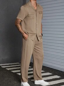 Manfinity 男士翻蓋口袋襯衫和褲子 - 卡其色 - 查看 4