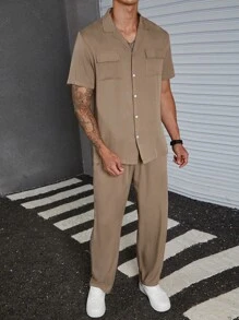 Manfinity 男士翻蓋口袋襯衫和褲子 - 卡其色 - 查看 5