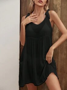 EMERY ROSE Solid Sheer Cover Up Dress - Black - View 3