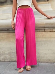 EURMUSE Solid Plisse Wide Leg Pants - Hồng - Xem 1