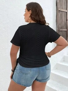 SHEIN Franclia 大碼網眼刺繡圍裹側打結T恤 - 黑色 - 查看 2